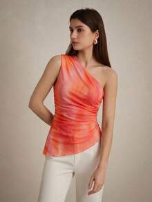 Aveloria Rosie Random Tie-Dye Mesh Fabric Print Ruched Slim Fit Asymmetric Elegant Summer Tank Top  - Pink - View 3