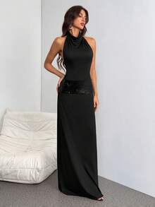 SHEIN Tall Đầm tốt nghiệp nữ, đầm dự tiệc prom, đầm cocktail, đầm gợi cảm ngày lễ, đầm đơn giản và thanh lịch màu đen đính sequin, đầm maxi hở lưng cổ yếm. - màu đen - Xem 4