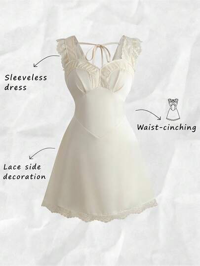 Olithes Women's Elegant Lace Patchwork Waist Ruched Cap Sleeve Dress, Suitable For Spring/Summer Outings And Dates