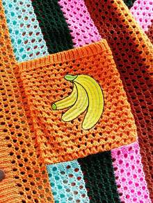 ROMWE MEN Casual Crochet-Look Knit Cardigan, Colorful Striped Embroidered Banana Decor, Vintage Hollow Out Lapel Collar Top For Men Spring/Summer - Orange - View 2