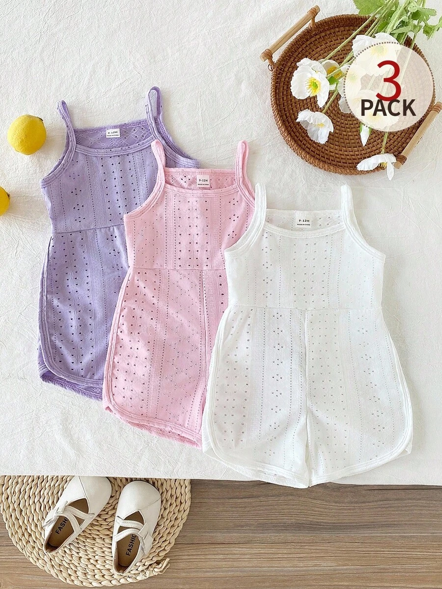 SHEIN Bộ 3 món đồ liền thân không tay và quần short cho bé gái mùa hè, kiểu dáng tối giản, in hình bướm, màu tím trơn, có gân và nơ đen. - Nhiều màu - Xem 1