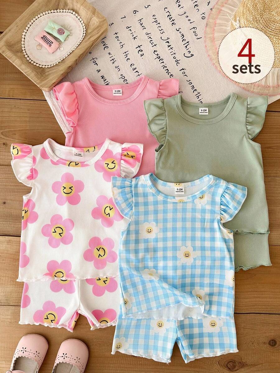 SHEIN 8件套/女婴（0-3岁）春夏新款休闲日常外出可爱趣味格子向日葵短袖背心T恤上衣和短裤8件套 - 彩色 - 查看 1