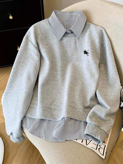 Resyla Sudadera casual versátil de uso diario con estampado de caballero y parches para mujer talla grande