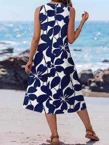 Sylviya Women's Casual Floral Pattern Round Neck Mid-Length Dress, Suitable For Spring/Summer Blue Floral Midi Dress Chic Dress,Casual - Blue - View 2