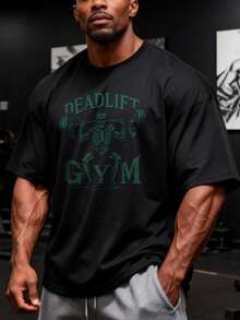 GymBeat 男士字母骷髅印花宽松休闲运动T恤 - 黑色 - 查看 1