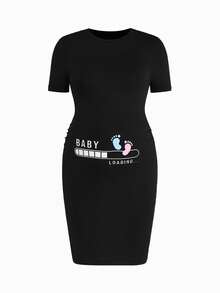 Modmama 孕妇圆领字母和脚印印花休闲日常连衣裙 - 黑色 - 查看 5