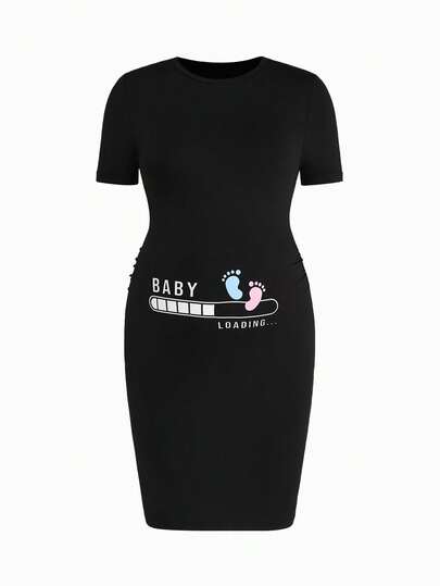 Modmama Summer Casual Elegant Babyshower Maternity Dress, Black Baby Loading Round Neck Letter & Footprint Print Bodycon Stretchy