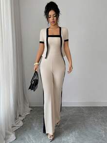 Rafferiza Women's Elegant Pink And Black Summer Tea Party 2-Piece Set,Short Sleeve Cardigan & Fitted Waist Color-Blocked Jumpsuit, Bodycon Flared Pants - Apricot - View 6