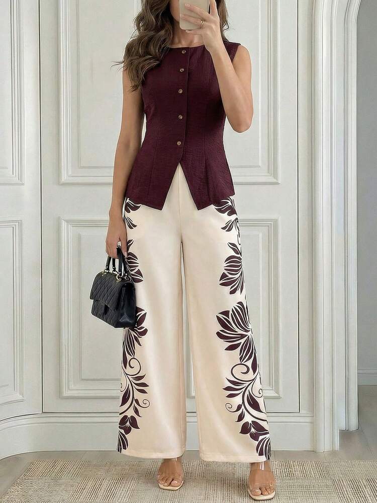 Burgundy Red Sleeveless Peplum Top Floral Print Flower Wide Leg Pants Set Elegant Formal Party Outfit Two Piece Set Red Dress Red Top Floral Dress Flower Print Elegant Dresses For Women Formal Dresses For Women Party Dresses For Women,Summer Set,Graduation Outfit For Mother,Summer Outfits For Women