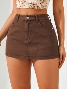 Breezaya Quần short denim nữ màu trơn, cạp lệch. - Cà phê nâu - Xem 6