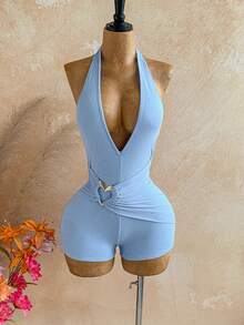 Soleia Halter Neck Tie Ruched Metal Decor Romper,Baby Blue,Summer,Casual,Beach,Holiday,Vacation,Holiday,Boho Floral Summer Outfit For Women,Party - Blue - View 7