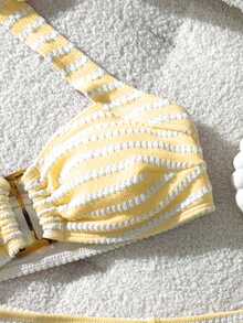Swim Mod Women's Cute Vacation Pink Striped Halter Swimsuit Set - Yellow - View 5
