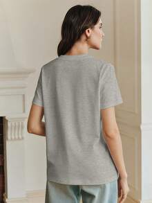 Elaire Women's Summer Fashion Vacation Beach Festival Casual Versatile Black Short Sleeve Carnival Pattern T-Shirt - Grey - View 2