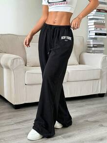 Attitoon Women's Casual Low-Waist Straight Leg Sweatpants, Suitable For Summer, Washed Effect - Black - View 9