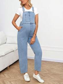 SHEIN 孕妇休闲宽松牛仔背带裤，带口袋 - 藍色 - 查看 5