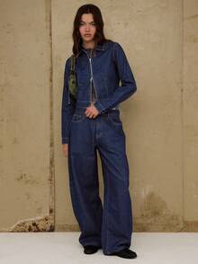 COUREZ Pantalones de tiro bajo con lavado azul medio/Ropa de otoño e invierno Y2K para mujeres, conjunto de 2 piezas lindo para salir, atuendos para fiestas, Año Nuevo - Azul lavado oscuro - Ver 2