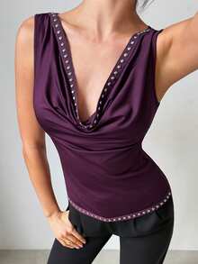 Firerie 女士优雅假日精致派对Y2K约会之夜铆钉深V领春夏新款上衣 - 中紫紅色 - 查看 10