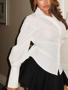 Maria Perezxox 女式蓝色束腰 Y2K Baddie 街头服饰 2000 年代风格休闲通勤返校长袖衬衫 - 白色 - 查看 4