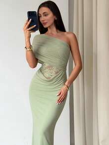Aloruh Elegant Romantic Sexy Mesh Contrast Lace See-Through Waist One Shoulder Pleated Cold Shoulder Slim Fit Dress, Green Dress, Wedding Guest Dress, St. Patrick's Day Dress, Beach Holiday Dress - Green - View 6
