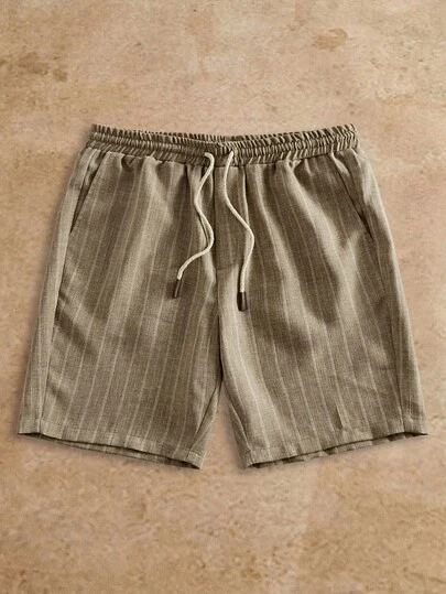 HIMLAND Men's Woven Striped Short Waist Slim Fit Casual Straight Leg Shorts, Suitable For Daily Wear In Summer
