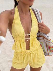 Swim Vcay Conjunto de bikini 2026 de verano para mujer con top corto de tirantes finos con cuentas, espalda descubierta y shorts, tela texturizada amarilla con fruncido y cordón, para vacaciones en la playa, orientación aleatoria - Amarillo - Ver 2