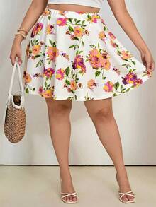 SHEIN Tall CURVE 大码女式夏季波西米亚风印花短裙，带口袋，适合度假 - 杏色 - 查看 5