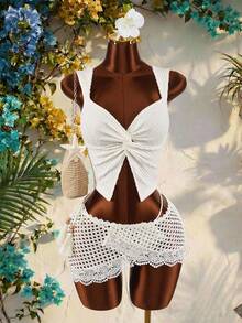 Amplova Women's White Contrast Lace Hollow-Out Skirt Summer Boho Beach Holiday Outfits, Y2k Spring Festival Easter Skirt,Elegant Wedding Guest Party Skirt - Apricot - View 1