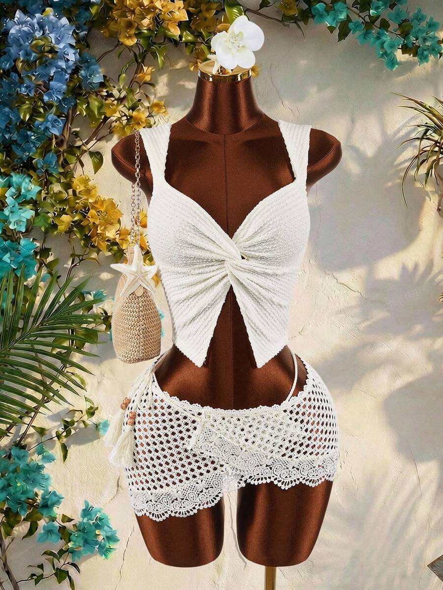 Amplova Women's White Contrast Lace Hollow-Out Skirt Summer Boho Beach Holiday Outfits, Y2k Spring Festival Easter Skirt,Elegant Wedding Guest Party Skirt - Apricot - View 1