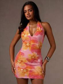Athîral Women's Floral Sequin Fashion Halter Mini Dress - Multicolor - View 1