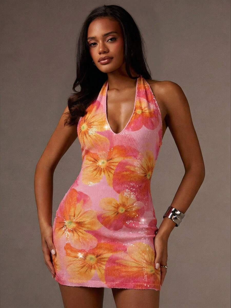 Athîral Women's Floral Sequin Fashion Halter Mini Dress - Multicolor - View 1