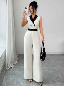 Rafferiza Bộ áo blazer không tay hai hàng cúc màu mơ và đen thanh lịch dành cho nữ mùa xuân/hè, thích hợp mặc công sở hoặc đi làm, cổ áo xếp ly, eo thon, cài cúc kim loại, ống quần thẳng. - Nhiều màu - Xem 6