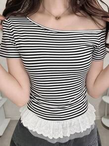 FRIFUL Women's Striped Asymmetrical Shoulder Fitted Lace Embroidered Hem Sweet Short Sleeve T-Shirt - Black and White - View 2
