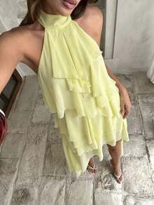Aloruh 女士优雅浪漫时尚轻盈雪纺荷叶边不对称下摆迷你连衣裙，适合度假、约会、外出就餐、海滩等场合。 - 淡黃色 - 查看 4