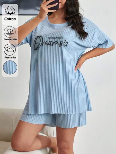 SHEIN Set de 2 piese din bumbac pentru femei, tricotat cu nervuri, cămașă cu mânecă scurtă și pantaloni scurți, pentru casă, confortabil