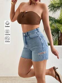 SHEIN Pantalón corto de estilo casual para mujer de talle alto, azul claro, con detalles de botones frontales - Lavado ligero - Ver 3