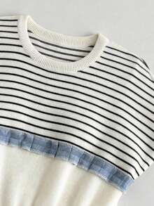 SHEIN Navy Stripe Short Sleeve Denim Jacquard Tshirt Sweater - Apricot - View 2