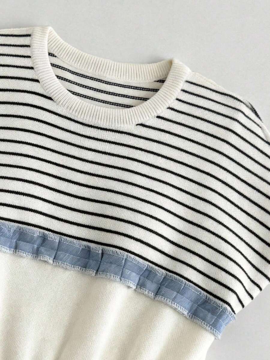 SHEIN Navy Stripe Short Sleeve Denim Jacquard Tshirt Sweater