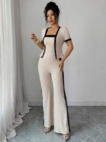 Rafferiza Women's Elegant Pink And Black Summer Tea Party 2-Piece Set,Short Sleeve Cardigan & Fitted Waist Color-Blocked Jumpsuit, Bodycon Flared Pants - Apricot - View 5