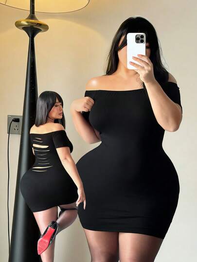 Vibekara Plus Size Women's One-Shoulder Sexy Off-Shoulder Cinched Waist Bodycon Laser Cut Dress, Suitable For Bar, Club, Spring & Summer Wear, Music Festival, Party