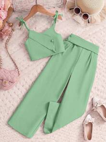 Elladie kids 2 Stück/Set Kleinkind Mädchen Mode Fliege Top und Anzughose, geeignet für den täglichen Gebrauch und den Urlaub, Sommer - Grün - Übersicht 3
