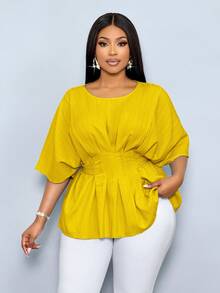 SOLERSUN Plus Size Women's Early Spring And Summer Dresses, Elegant Vacations, Casual Short Sleeves, Raglan Sleeves, Bat Sleeves, T-Shirts, Waist Belts, Woven Fabrics With Yellow Front Pleats, Daily Collocation, Shopping, Dating, Spring Break, Valentine's Day, And Fashionable Commuting. Yellow Summer Top Yellow Top Blouse Yellow Top For Women Elegant Blouse For Women Casual Elegant Latest Tops For Women New Arrivals - Mustard Yellow - View 6