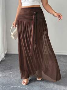 Elenzga Váy nữ mùa hè mới, màu nâu, hơi xuyên thấu, xếp ly, kiểu dáng rủ. - màu nâu - Xem 3