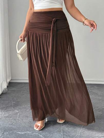 Elenzga Váy nữ mùa hè mới, màu nâu, hơi xuyên thấu, xếp ly, kiểu dáng rủ.