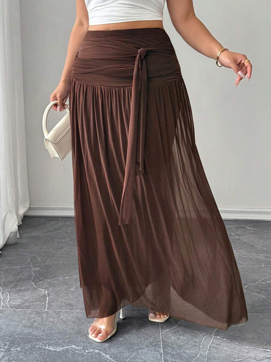 Elenzga 新款夏季时尚棕色半透明褶皱垂坠女裙 - 棕色 - 查看 1