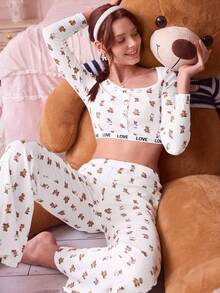 Bonmuse Women's Slim Fit Bear Print Crew Neck Long Sleeve Pajama Set - White - View 8