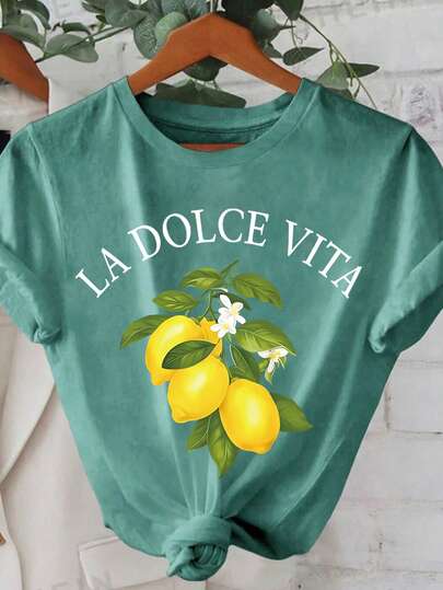 T-shirt casual da donna a maniche corte con scollo rotondo, stampa con lettere e limoni