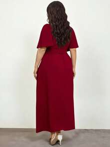 Enliva Plus Size Elegant Solid Color Tie Wrap Dress,Business Casual Woman, For Apple And Rounded Body Shape, For Summer - Burgundy - View 2