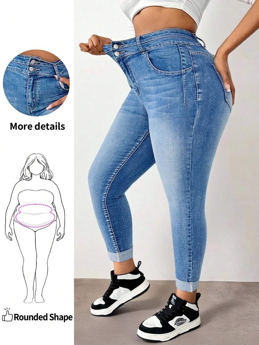Enliva Plus Size Front Button Pocket Casual Denim Jeans, Daily Wear, For Apple And Rounded Body Shape - Light Wash - View 1
