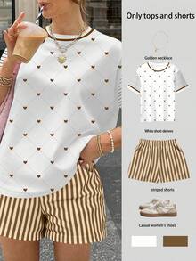 EMERY ROSE 2pcs/Set Heart & Diamond Print Striped Sleeve T-Shirt + Vertical Striped Shorts, Y2K Retro Style - Coffee Brown - View 1