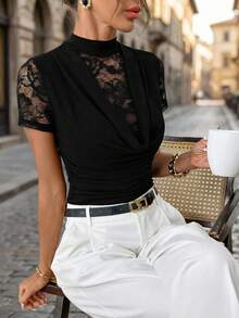 Editum Women's Elegant Sexy Lace Patchwork Blouse, Summer - Black and White - View 5